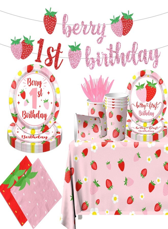 Dydamud Berry First Birthday Decor Strawberry 1st Birthday Decorations for Girls with Plates, Napkins, Tablecloth, Cups Strawberry Party Decorations, Serve 20 - Image 1